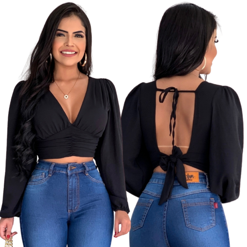 Cropped Blusinha Balada Costa Aberta Amarração Manga Longa com Bojo