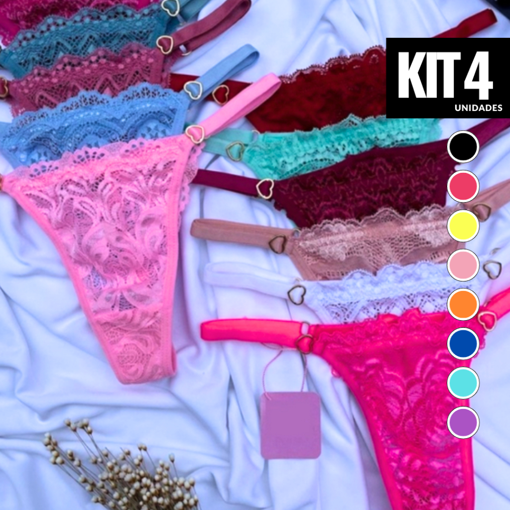 Kit 4 Calcinhas Feminina Coração Sexy Tanga Fio dental Rendada Sensual com Regulagem Paixão