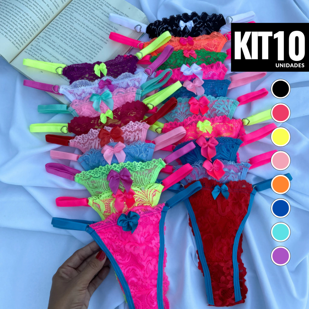 Kit 10 Calcinhas Lingerie Bicolor Feminina Neon Tanga Semi Fio Dental Conforto em Oferta na Shopee