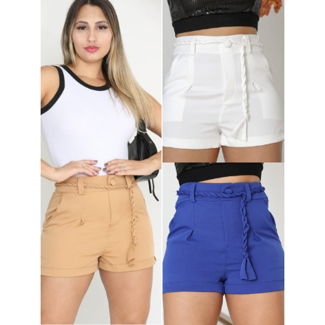Short  Femenino Cintura Alta Tecido Alfaiateria com Cinto Cordão Moda Verão Cores Variados em Oferta na Shopee