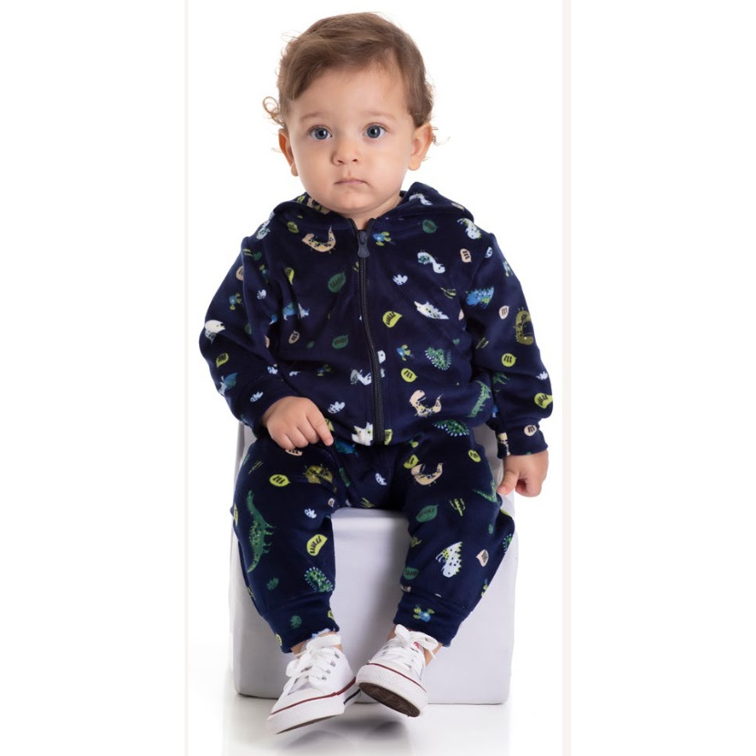 Conjunto Masculino Bebe Menino Infantil Randa Mundu Fleece Quentinho Casaco e Calça Inverno Dinos Dinosaauro 9627