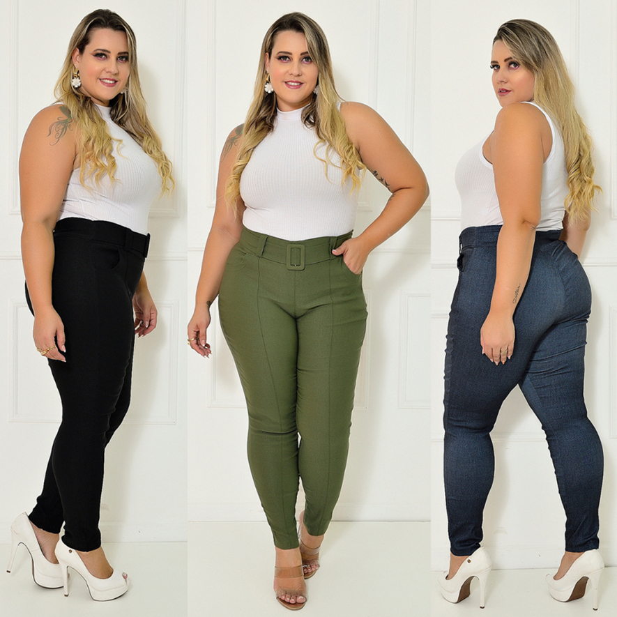 Calça Feminina Plus Size Com Cinto em Tecido Bengaline Estilo Alfaiataria Plus Size Feminina Social