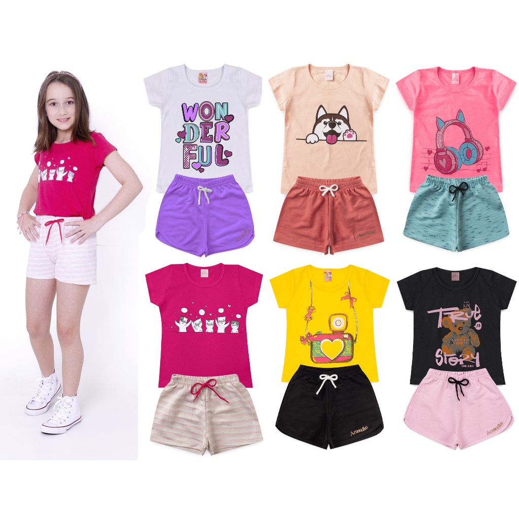 Kit Com 5 Conjuntos Infantil Feminino Roupa De Criança Para Menina Baby Look e Short L33 em Oferta na Shopee