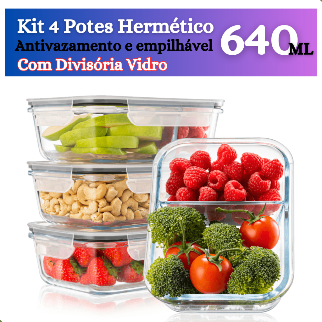 Kit 4 Potes Vidro Hermético Retangular Com Divisória 640ml