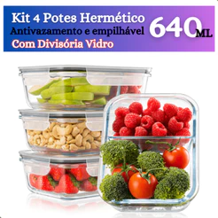 Kit 4 Potes Vidro Hermético Retangular Com Divisória 640ml