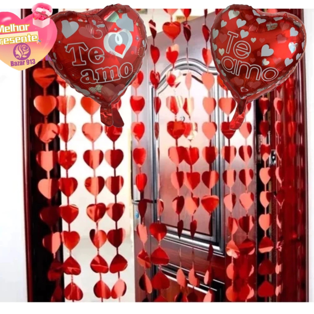 2 Cortinas Painel CORAÇÃO Metalizado 1mx2m +  2 Peças Balão de Coração Com Frase Feliz Dia Das Mães Dia Das Namorados