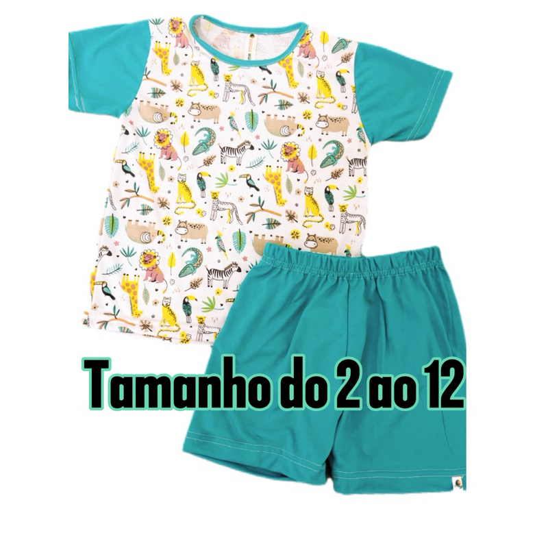 conjunto ou pijama infantil menino e menina Fifico modas na cor savana manga curta verde e shorts verde
