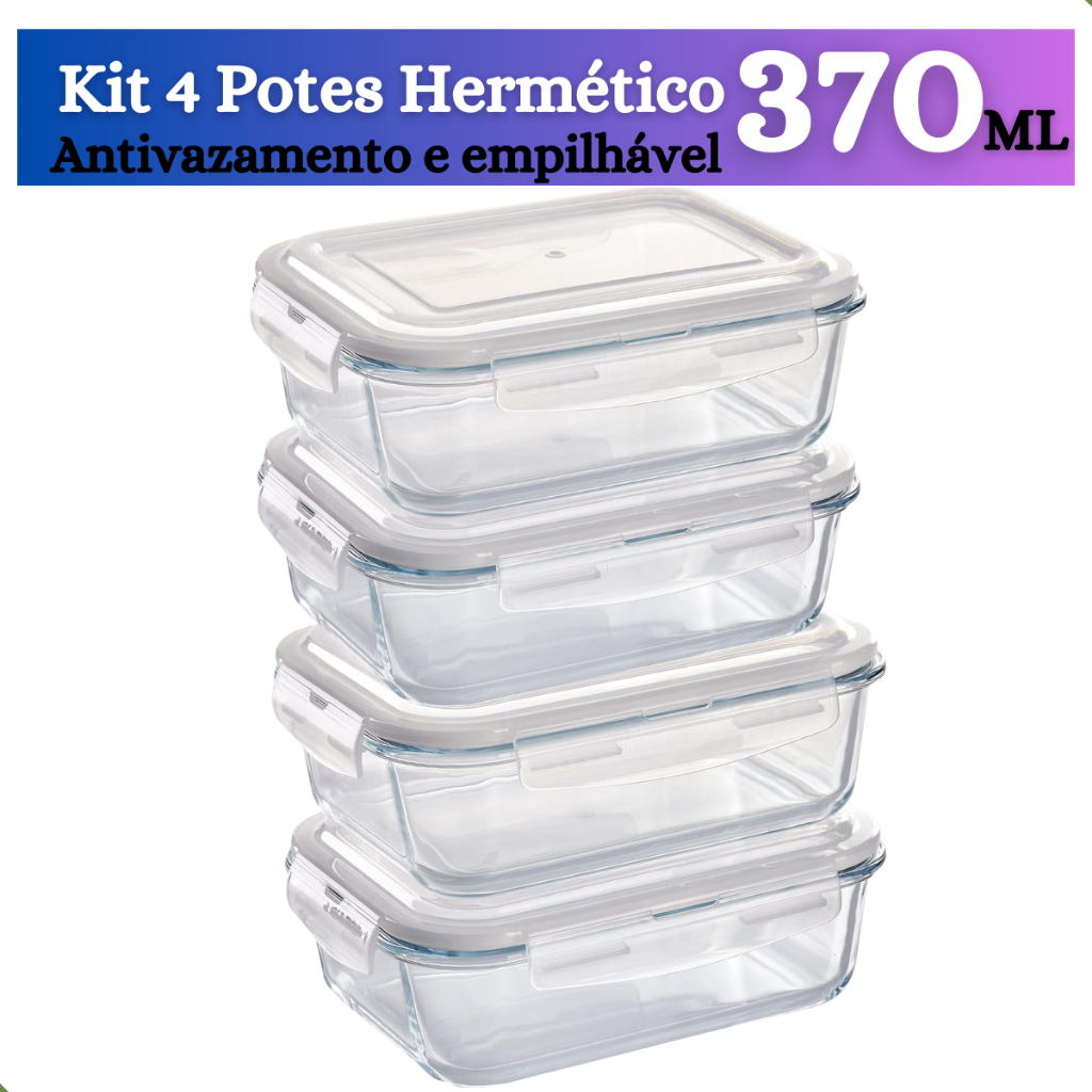 KIT 4 Pote de Vidro hermético 370ml marmita fitness papinha retangular
