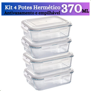 KIT 4 Pote de Vidro hermético 370ml marmita fitness papinha retangular
