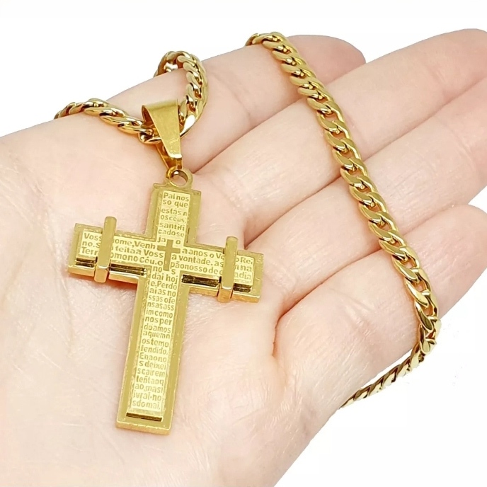 Kit Corrente e Pulseira Masculina com Pingente de Cruz Pai nosso cordão aço inox Dourado Namorada em Oferta na Shopee