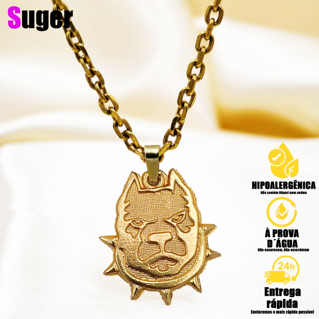 Corrente Cartie’r Gominho Aço Inox Com Pingente Pitbull Dourado em Folheado em Masculino em Oferta na Shopee