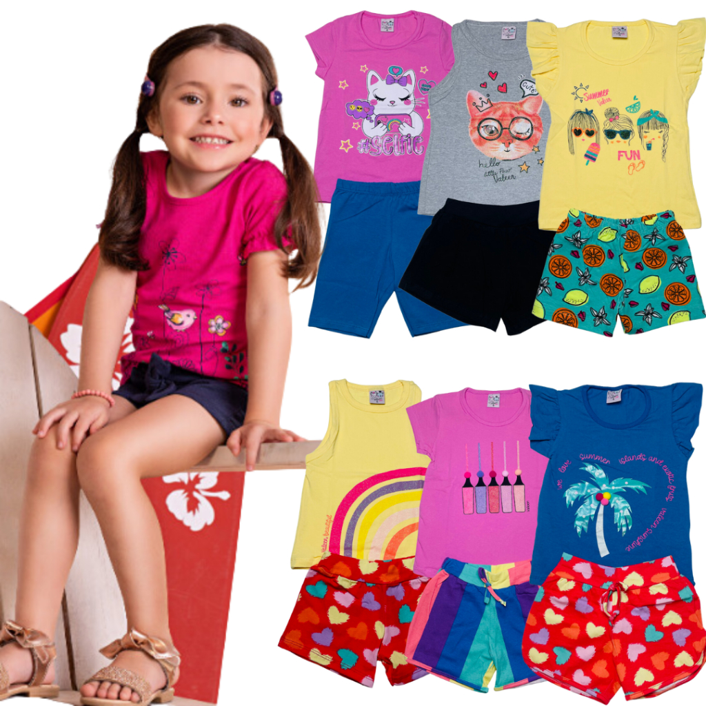 Kit 10 Peças de Roupas Infantil Menina 5 Blusas+ 5 Shorts Promoção Kit com 5 Conjuntos de Roupa Infantil Menina Conjunto Feminino Infantil 1 ano, 2 anos, 3 anos, 4 anos, 6 anos, 8 anos Roupa Feminina Infantil