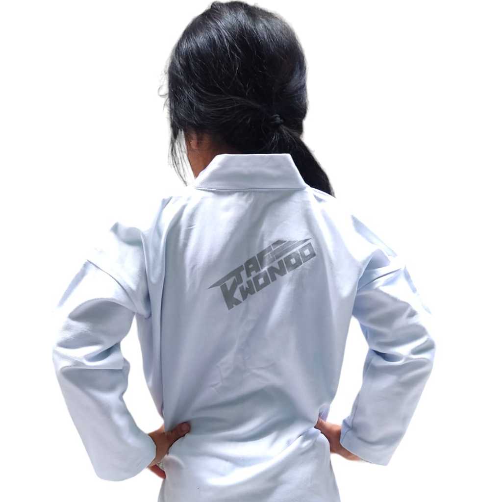 Kimono Taewkondo infantil brim reforçado com faixa branca lisa fabricação própria