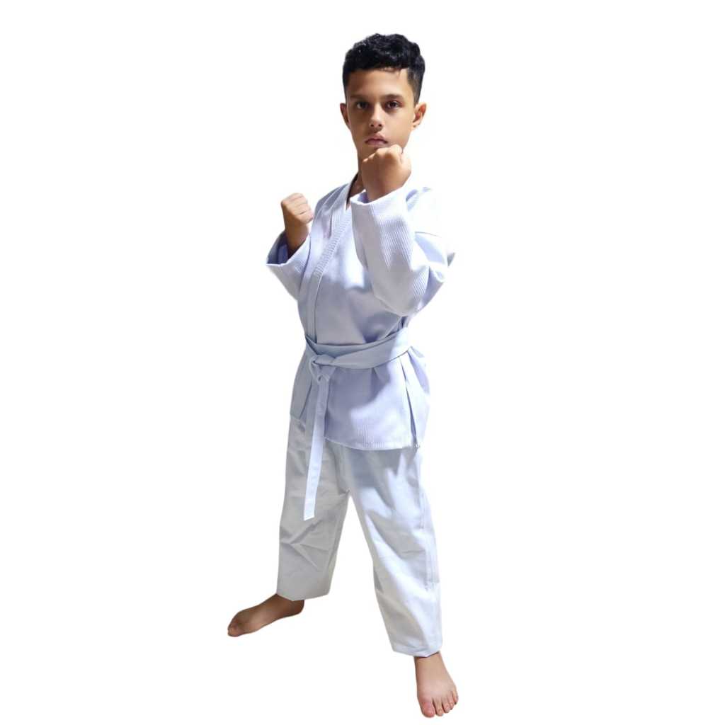 Kimono Judô infantil Brim Trançado com faixa branca lisa fabricação própria