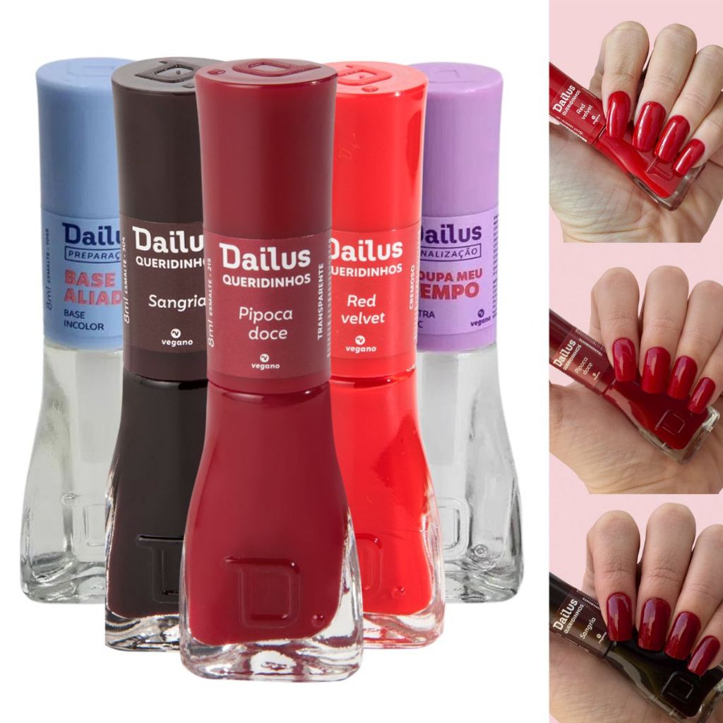 DAILUS: Kit com 1 Base, 1 Ultra Secante e 3 Esmaltes Vermelhos
