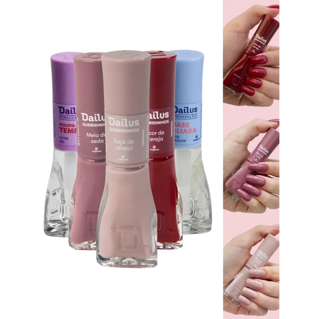 Dailus: Kit com 3 Esmaltes preferidos + 1 Base + 1 Ultra Secante