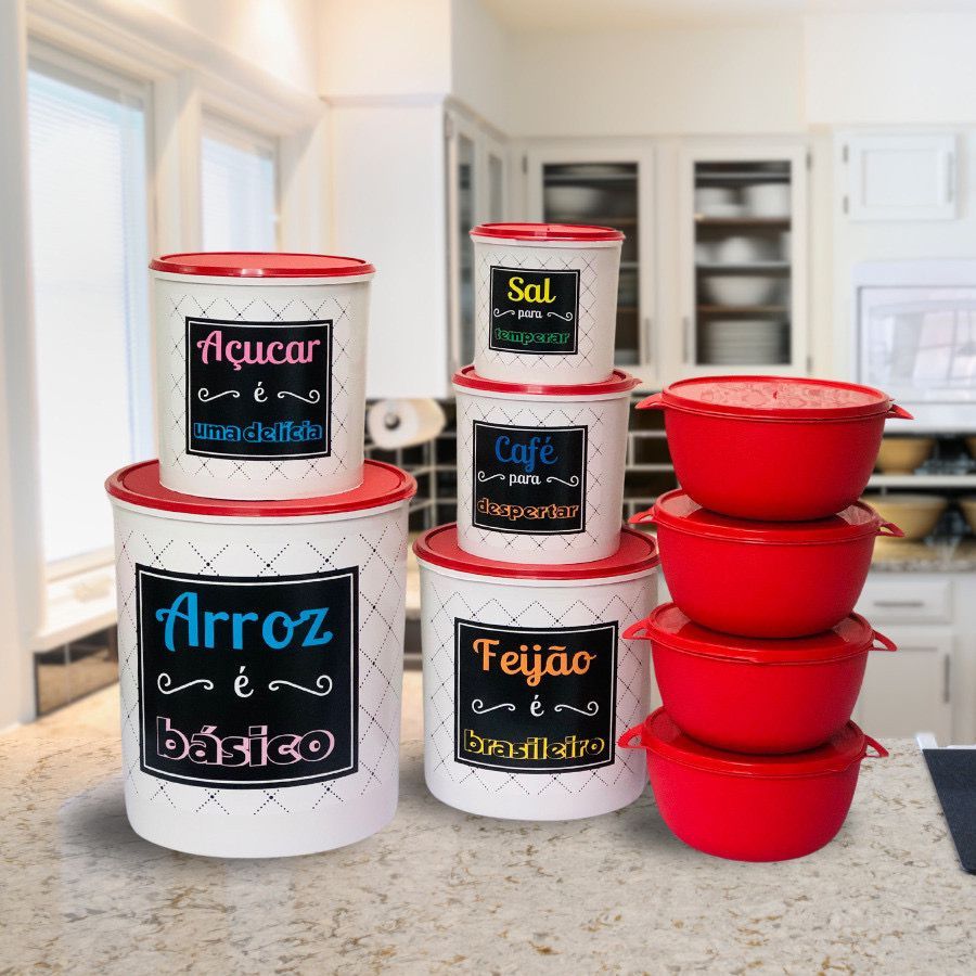 Kit mantimentos plástico 5 peças + 4 potes redondos Bowl 1 litro para cozinha