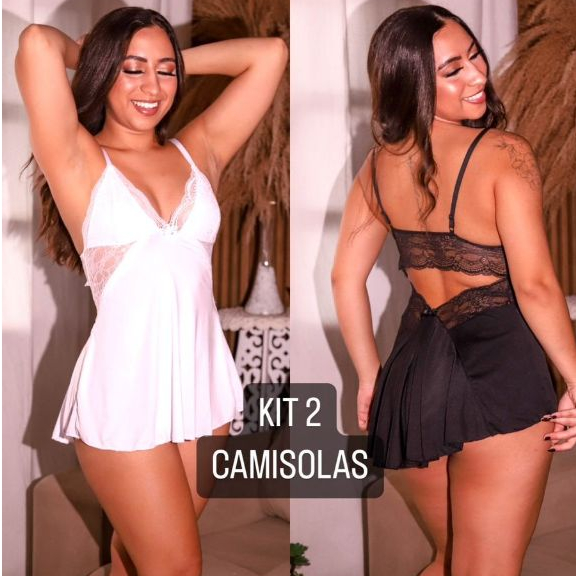 Kit 2 Camisola sexy com renda sem bojo costa nua sensual pijama roupa de dormi costas abertas