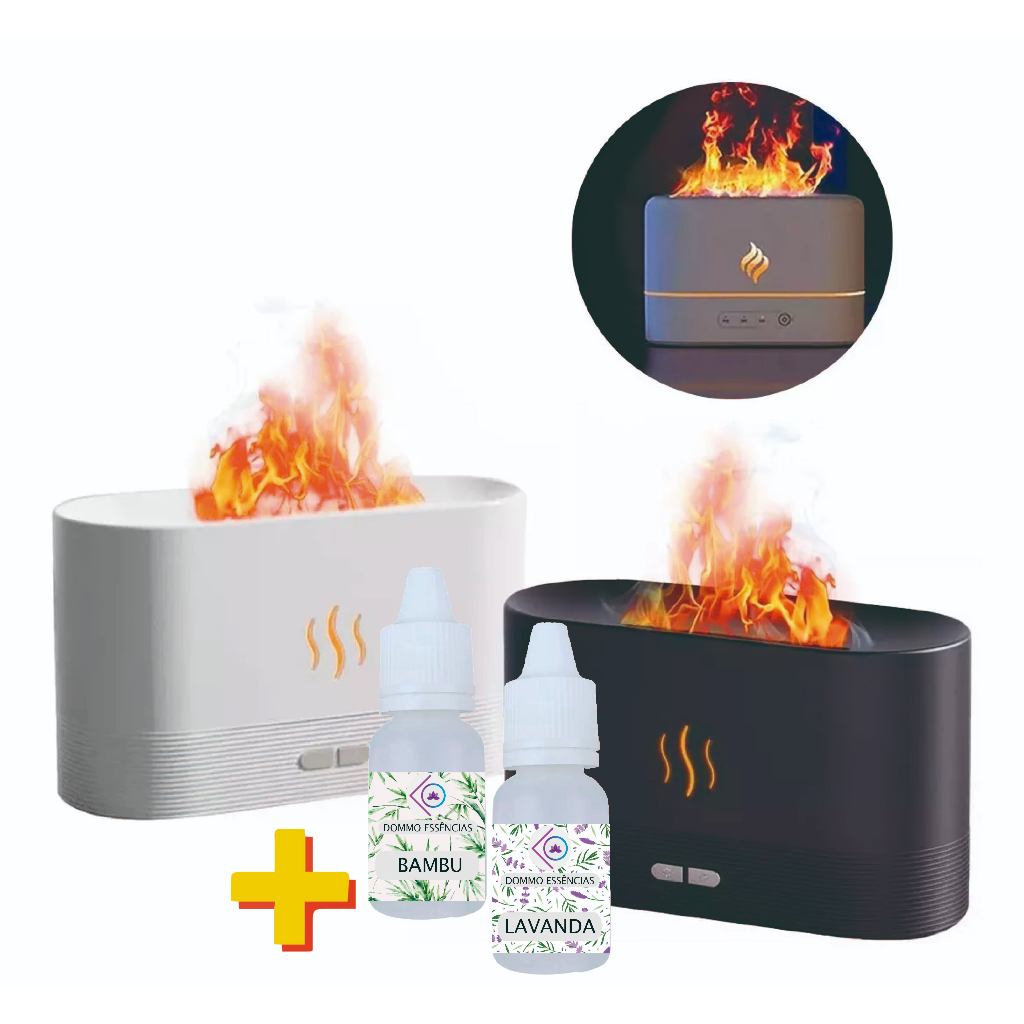 2 em 1 - Difusor de Aroma e Umidificador GRANDE com Chama +2 Essências Concentradas Fogo Foguinho