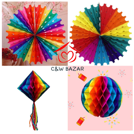 KIT 2 Enfeite Festa Junina Papel Várias Modelos Balão Lanterna Colmeia Colorido Com Franja Decoração