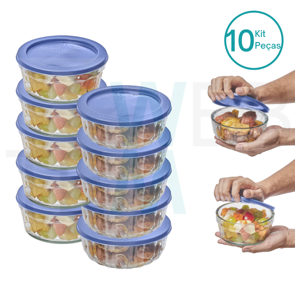 Kit 10 Potes Tigela de Vidro com Tampa Plástica Laguna 750ml e Oceani 600ml Vitazza:Para Servir, Armazenar Alimentos, Organização de Cozinha e Geladeira, Opção Sustentável