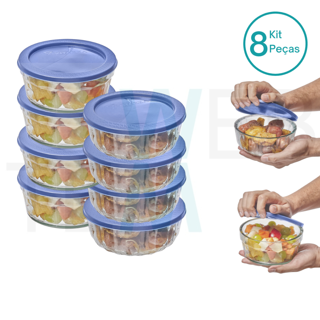 Kit 8 Potes Tigela de Vidro com Tampa Plástica Laguna 750ml e Oceani 600ml Vitazza:Para Servir, Armazenar Alimentos, Organização de Cozinha e Geladeira, Opção Sustentável
