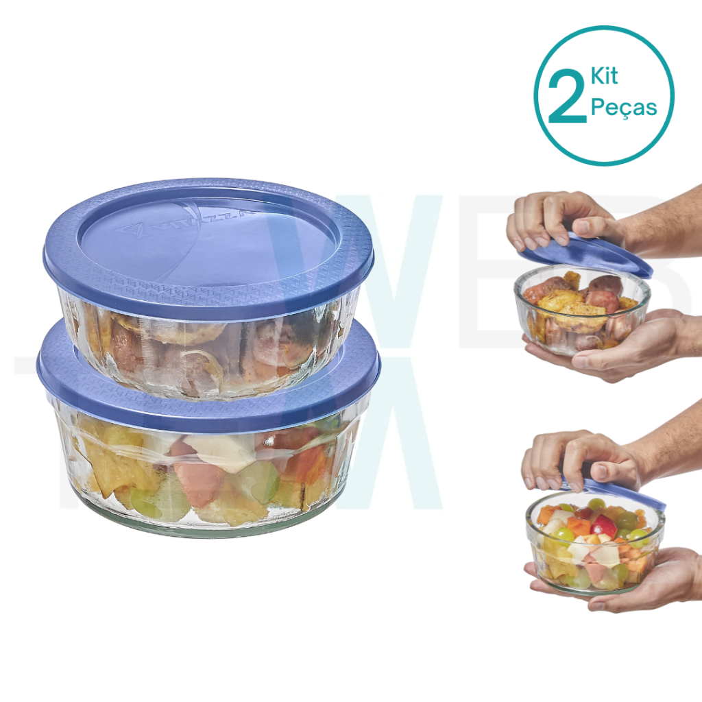 Kit 2 Potes Tigela de Vidro com Tampa Plástica Laguna 750ml e Oceani 600ml Vitazza:Para Servir, Armazenar Alimentos, Organização de Cozinha e Geladeira, Opção Sustentável