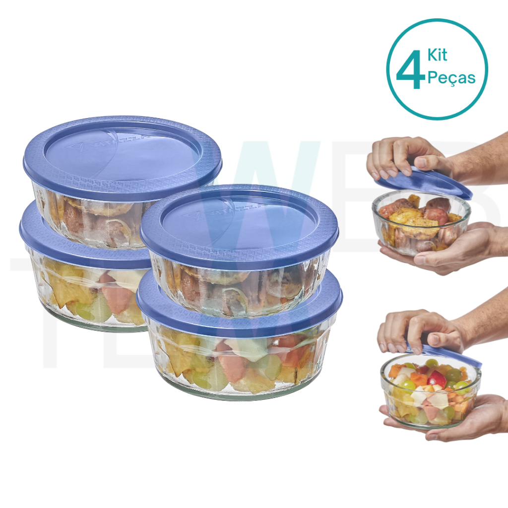 Kit 4 Potes Tigela de Vidro com Tampa Plástica Laguna 750ml e Oceani 600ml Vitazza:Para Servir, Armazenar Alimentos, Organização de Cozinha e Geladeira, Opção Sustentável