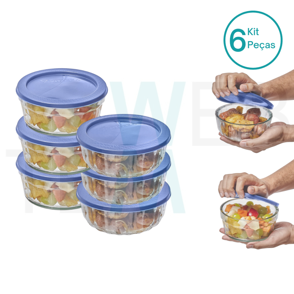 Kit 6 Potes Tigela de Vidro com Tampa Plástica Laguna 750ml e Oceani 600ml Vitazza:Para Servir, Armazenar Alimentos, Organização de Cozinha e Geladeira, Opção Sustentável