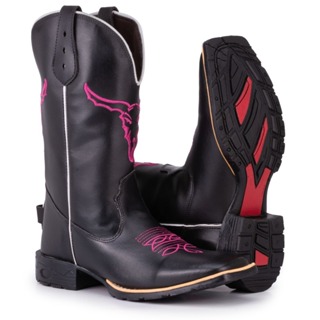 Bota Texana Feminina Country Bico Quadrado Solado De Borracha Bordado Touro Black Pink em Oferta na Shopee