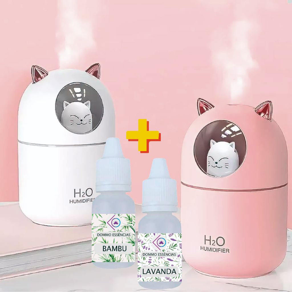 Umidificador Gatinho LED +1 ou 2 Essências Aroma Difusor Purificador Ar Ambientes
