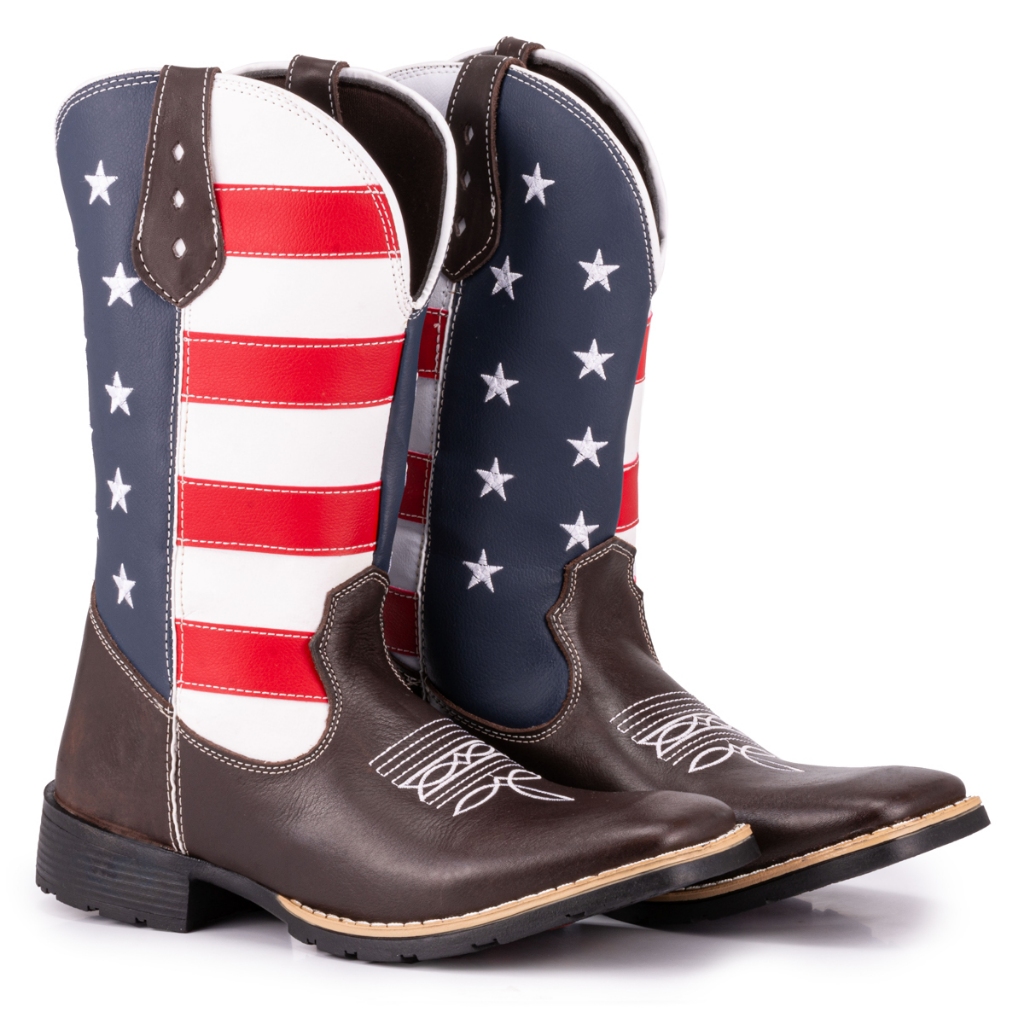 Bota Texana Masculina Country Bico Quadrado Solado De Borracha Bordado EUA
