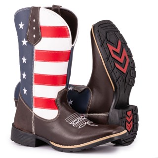 Bota Texana Masculina Country Bico Quadrado Solado De Borracha Costurado Bordado EUA em Oferta na Shopee