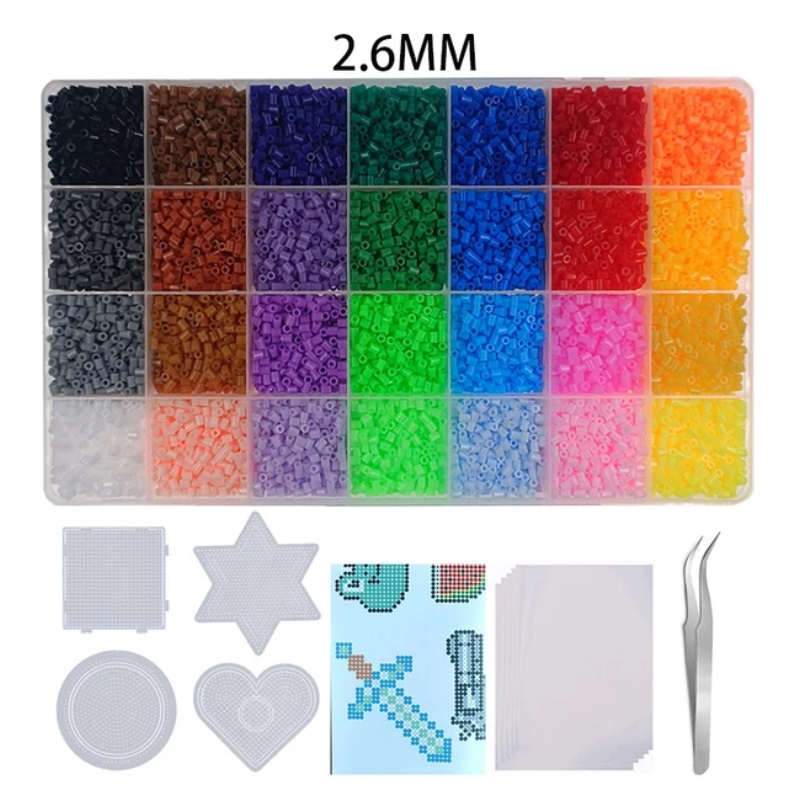 Kit Perler Beads 2,6mm, 14.500Peças, 4 Mini Pegboard modelos, Pinça, Papel Para Passar e Guia para Iniciantes