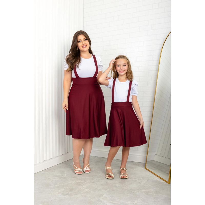 KIT MÃE E FILHA JARDINEIRA SUSPENSÓRIO MODA FEMININA GOSPEL CONGRESSO BLOGUEIRA