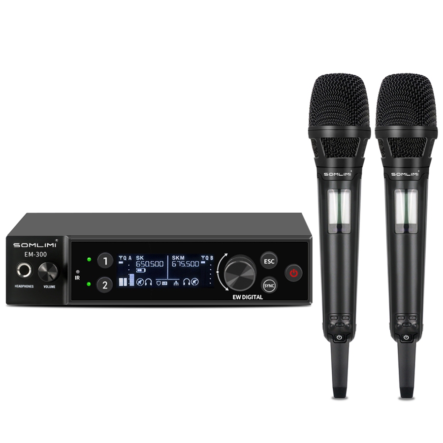 SOMLIMI EM300 Sistema de microfones sem fio profissionais duplos UHF Microfone de metal para karaokê, igreja performance