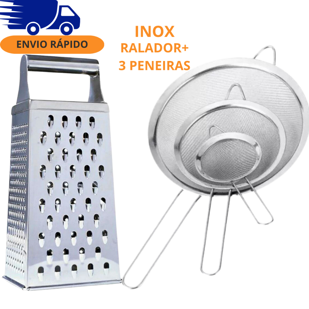 KIT RALADOR PENEIRAS INOX COADOR FATIADOR 4 FACES ALIMENTOS UTENSILIO COZINHA BARATO