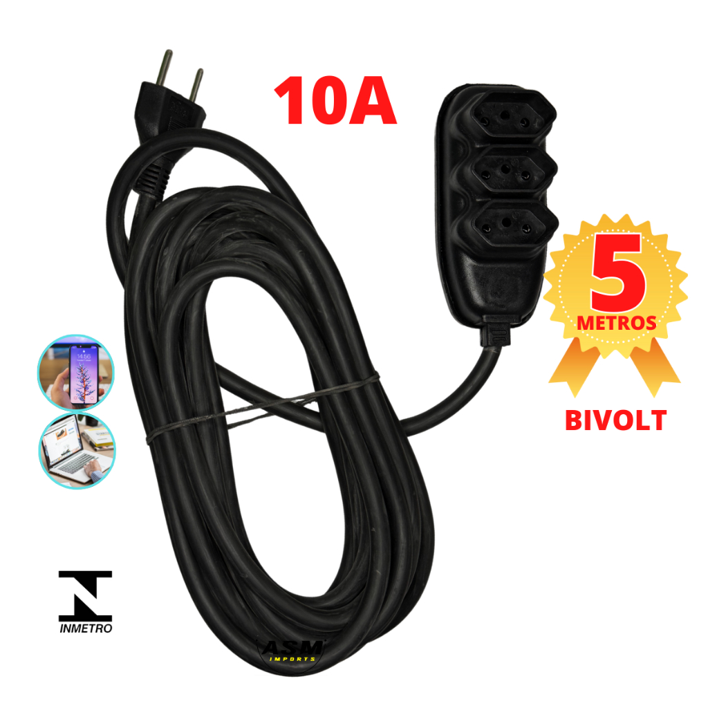 Extensao Eletrica 10 Amperes de 5 Metros de cabo grosso preto Extensao Eletrica Bivolt