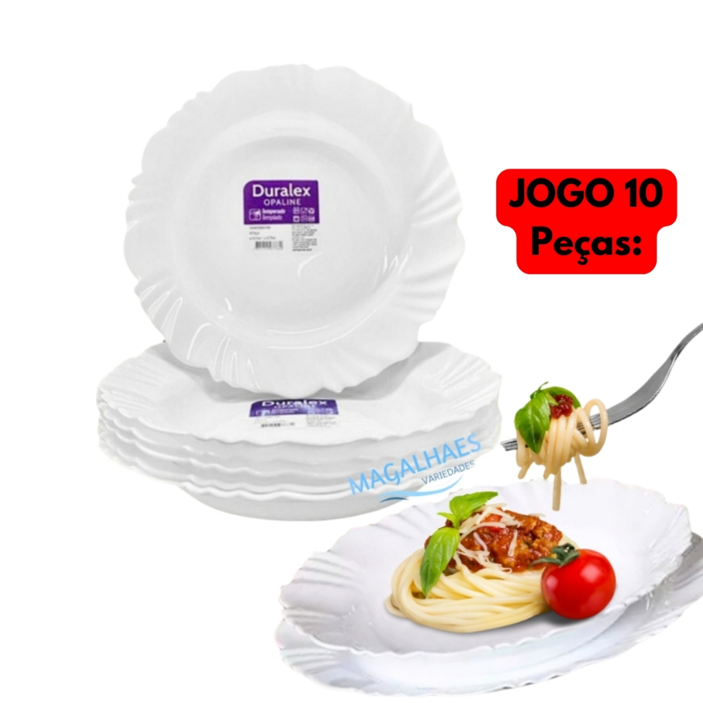 Jogo Kit 10 Pratos Fundo Vidro Duralex Temperado Branco  Pétala Temperado Almoço Jantar Buffet Hotel