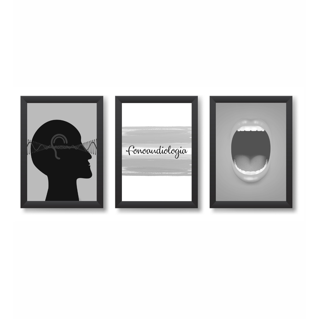 Kit 3 Quadros Decorativos Fonoaudiologia Consultório Molduras 20x30cm Madeira Vidro Cor Pretas