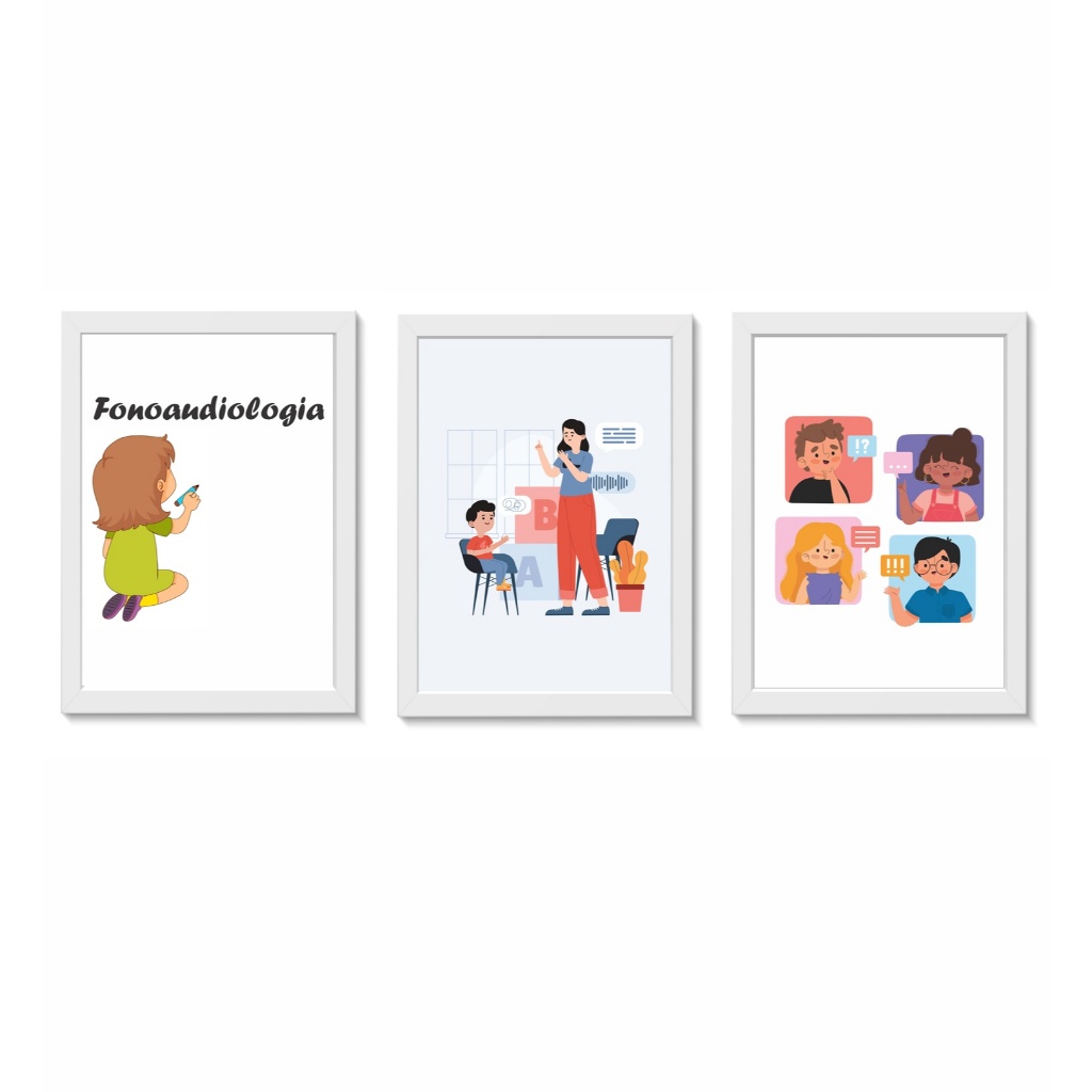 Kit 3 Quadros Decorativos  Fonoaudiologia Tamanho 20x30cm Molduras Madeira Vidro Cor Brancas