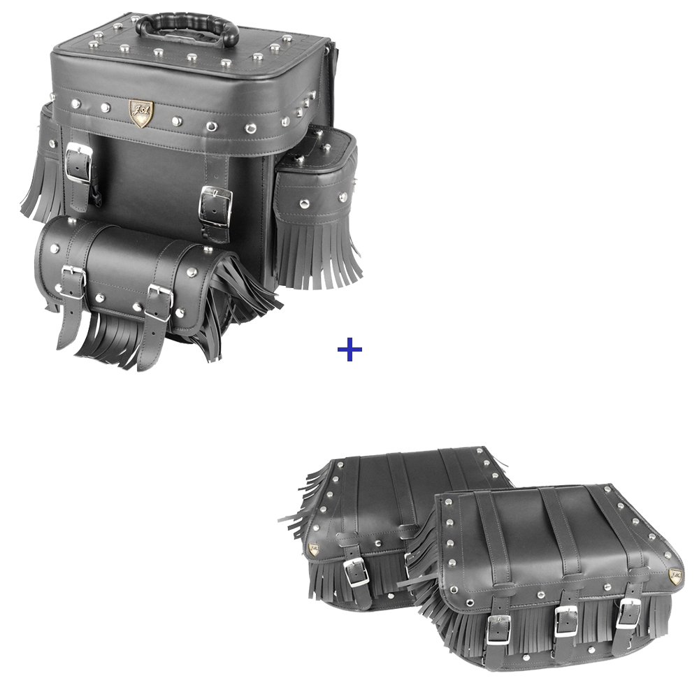 kit de alforge 25 litros com cravo e franjas e Bolsa traseira 62 litros com cravo e franjas