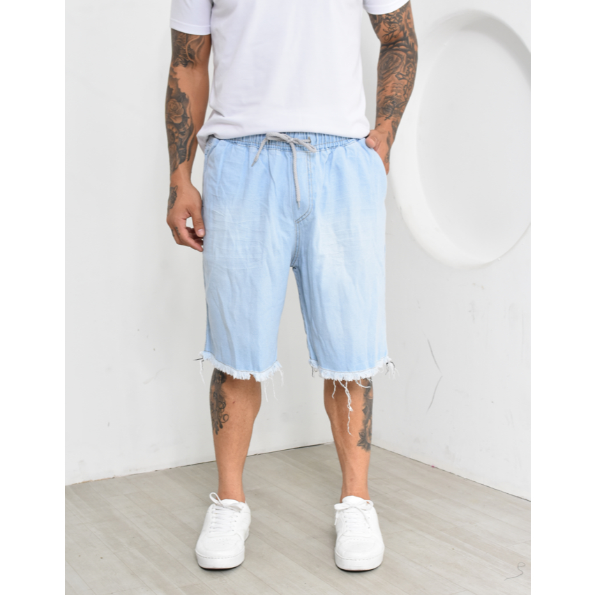 bermuda jeans masculina jeans rasgadas lisas sarjas varias cores bermudas com elástico menor preço em promoção