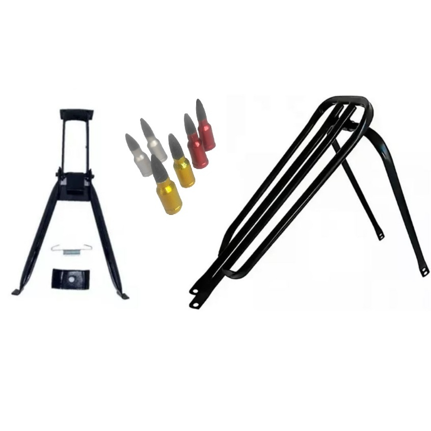 Kit Garupa BH Bagageiro Reforçado + Descanso Central Cavalete De Bicicleta + bico de Bicicleta
