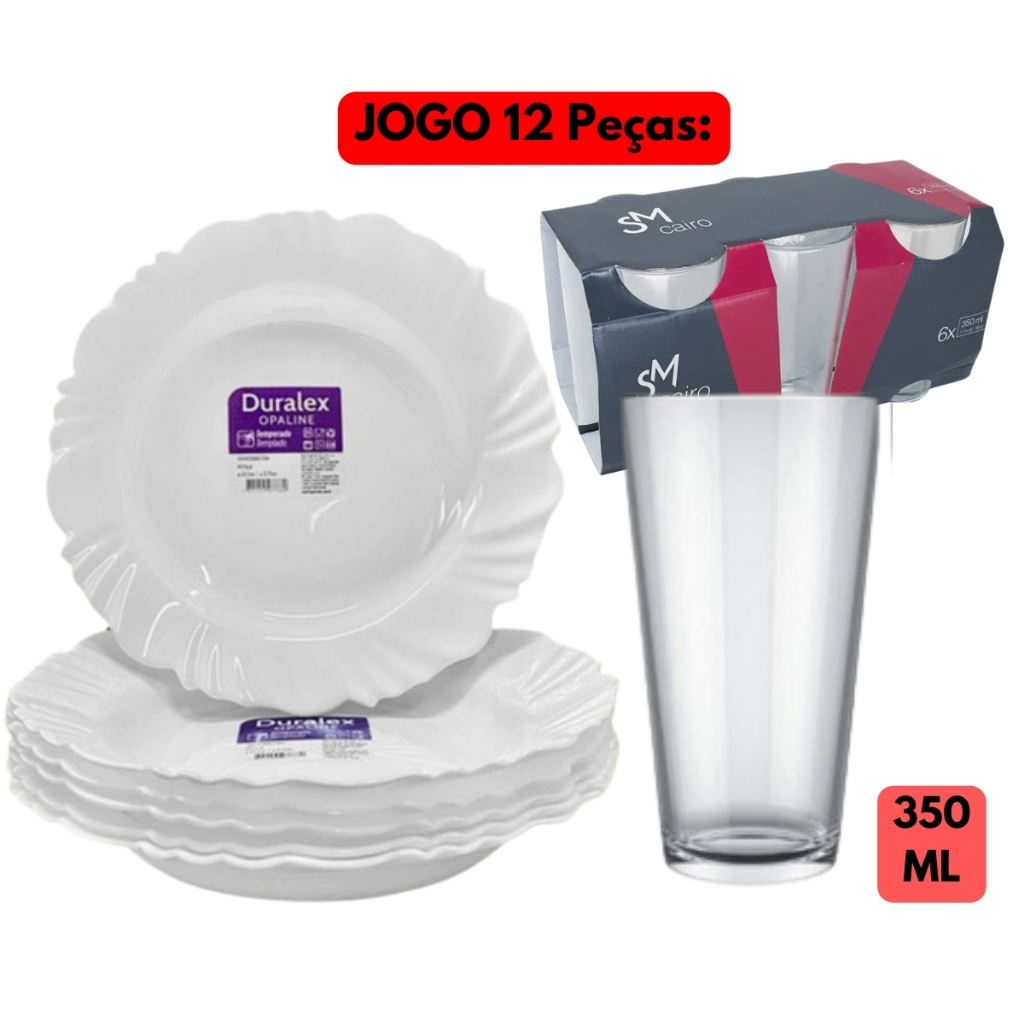 Jogo Kit 12 Peças Jantar 06 Prato Pétala Fundo+06 Copo Cairo 450 ML Vidro Branco Temperado Transparente Aparelho Nadir Duralex Redondo Grande