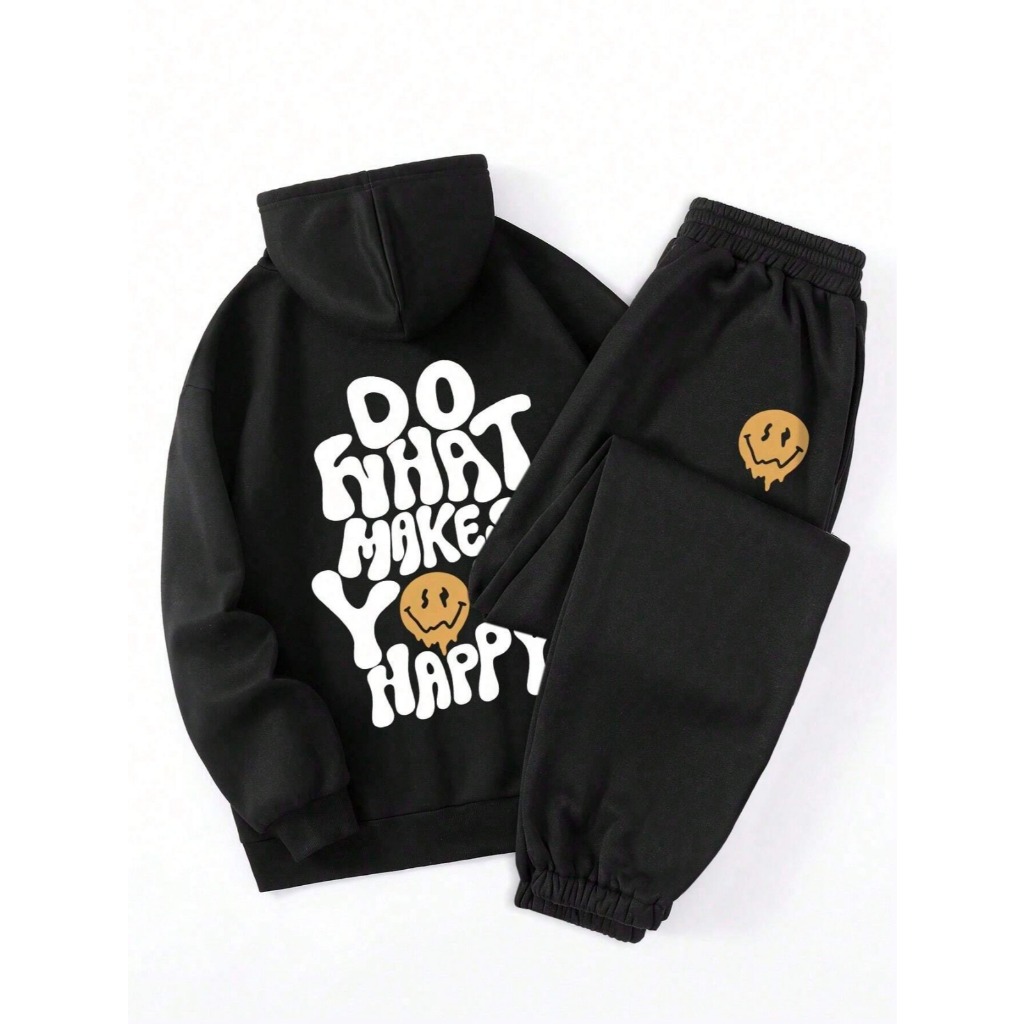 Conjunto Moletom Canguru Flanelado + Calça De Moletom Estampa De Rosto Sorriso Desenho Inverno