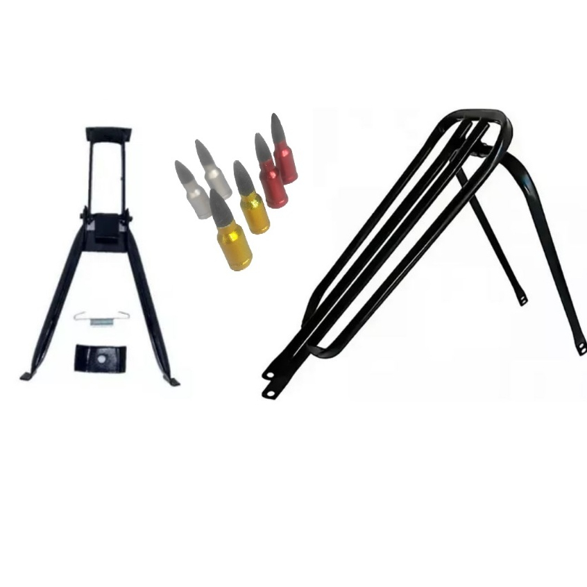 Kit Garupa BH Bagageiro Reforçado + Descanso Central Cavalete De Bicicleta + bico de Bicicleta