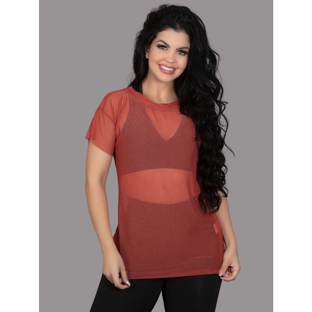 Blusa De Tule Feminina Sobreposição Academia Fitness Transparente T-shirt Manga Curta Treino