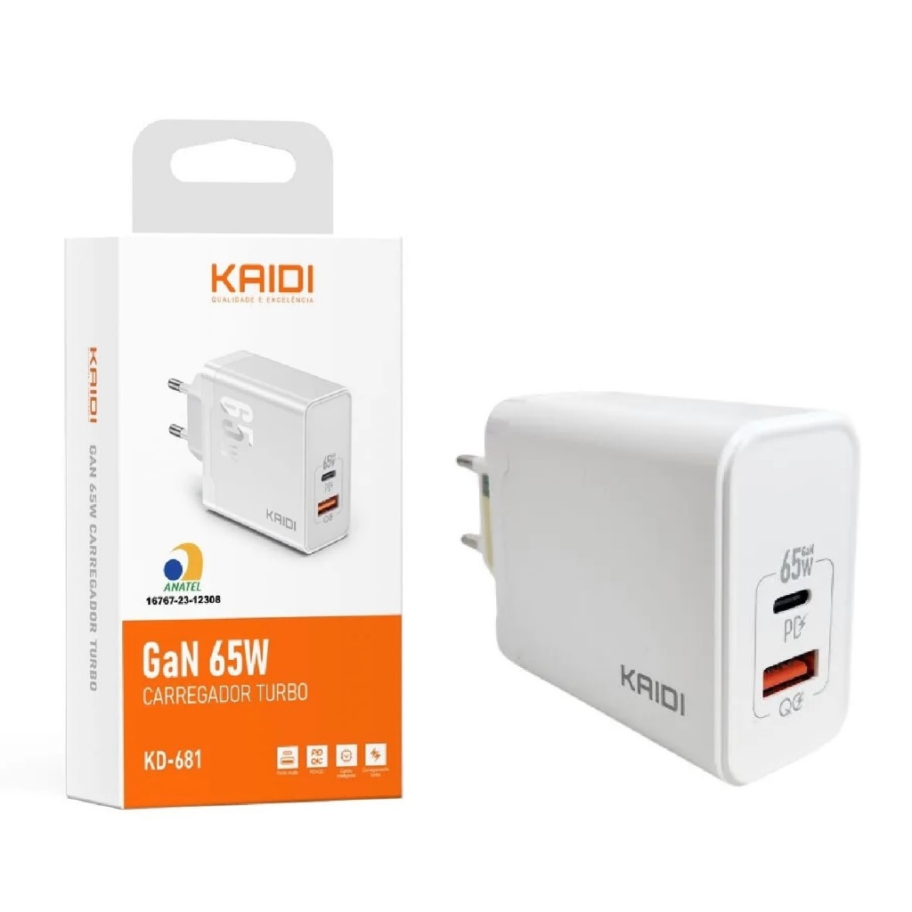 Fonte Carregador Celular Turbo Pd Gan 65w Saída Usb-c + Usb
