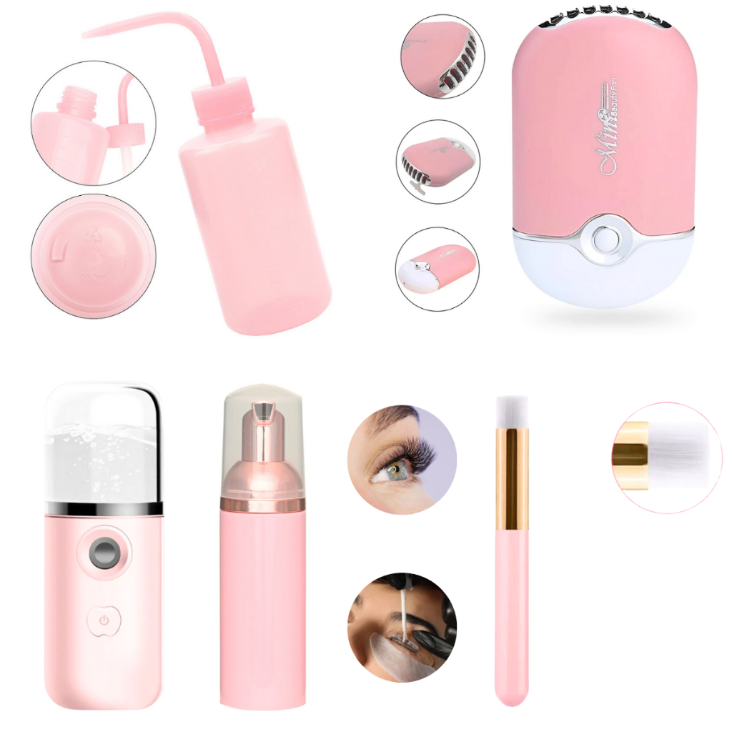 Kit Extensão Limpeza Cílios Nano Umidificador e Ventilador USB Frasco Pump Pincel Limpeza Pisseta